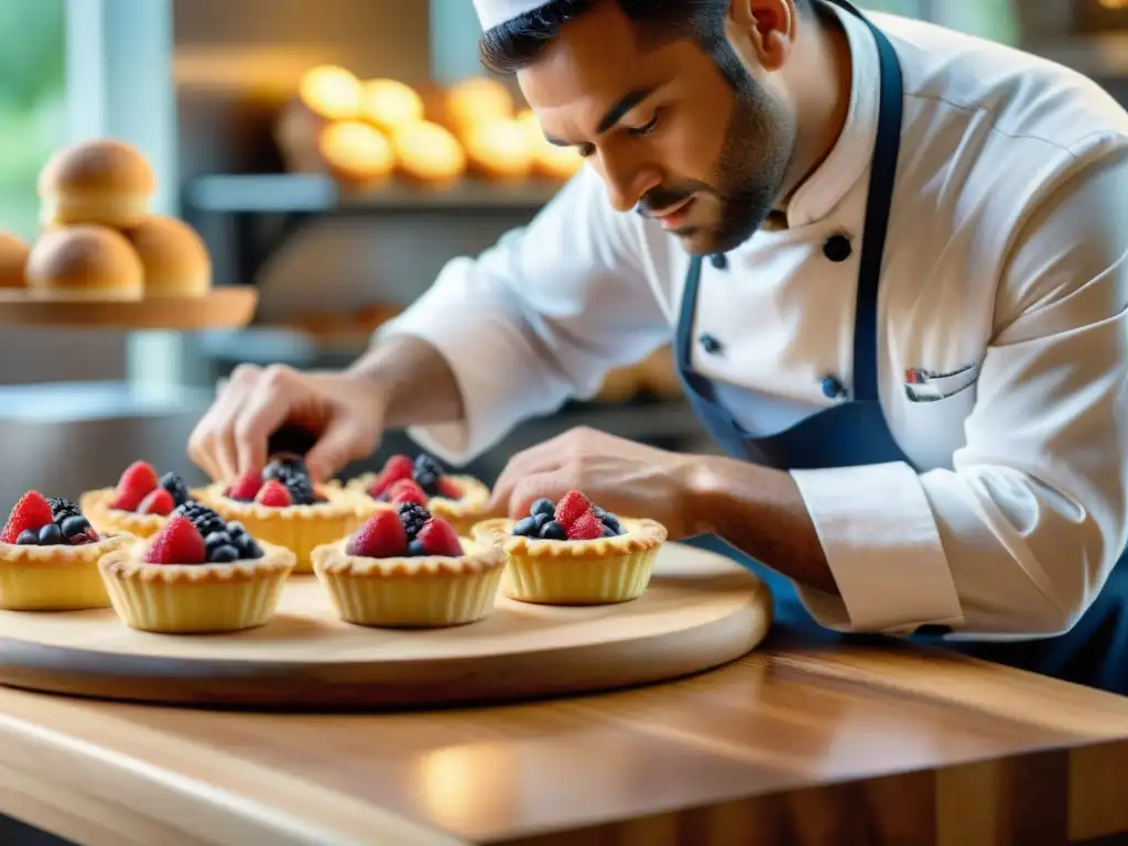 Un chef francés experto en moldes para tartas francesas crea una deliciosa tarta tradicional en una panadería soleada