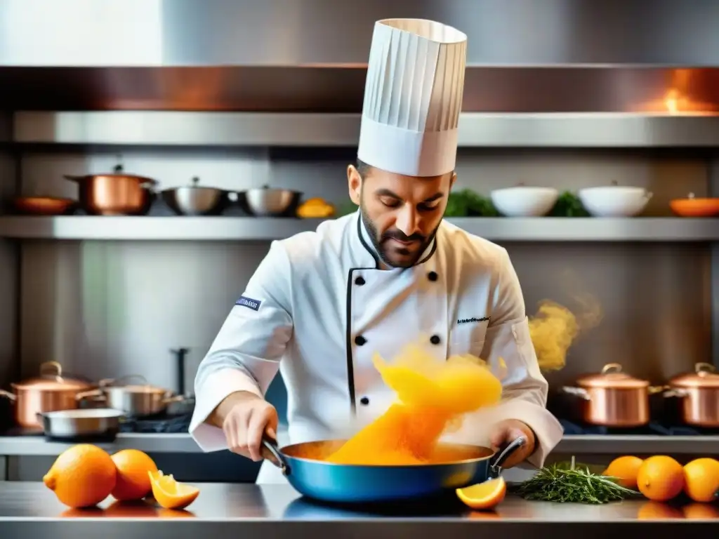 Un chef francés experto zesteando una naranja sobre una sartén, con movimientos dinámicos y energía