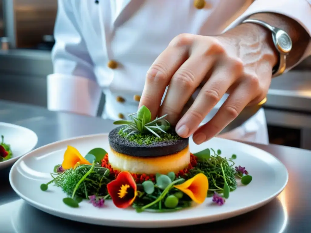 Un chef francés experto creando una nueva versión de un plato clásico con detalles y colores vibrantes en una cocina de alto nivel