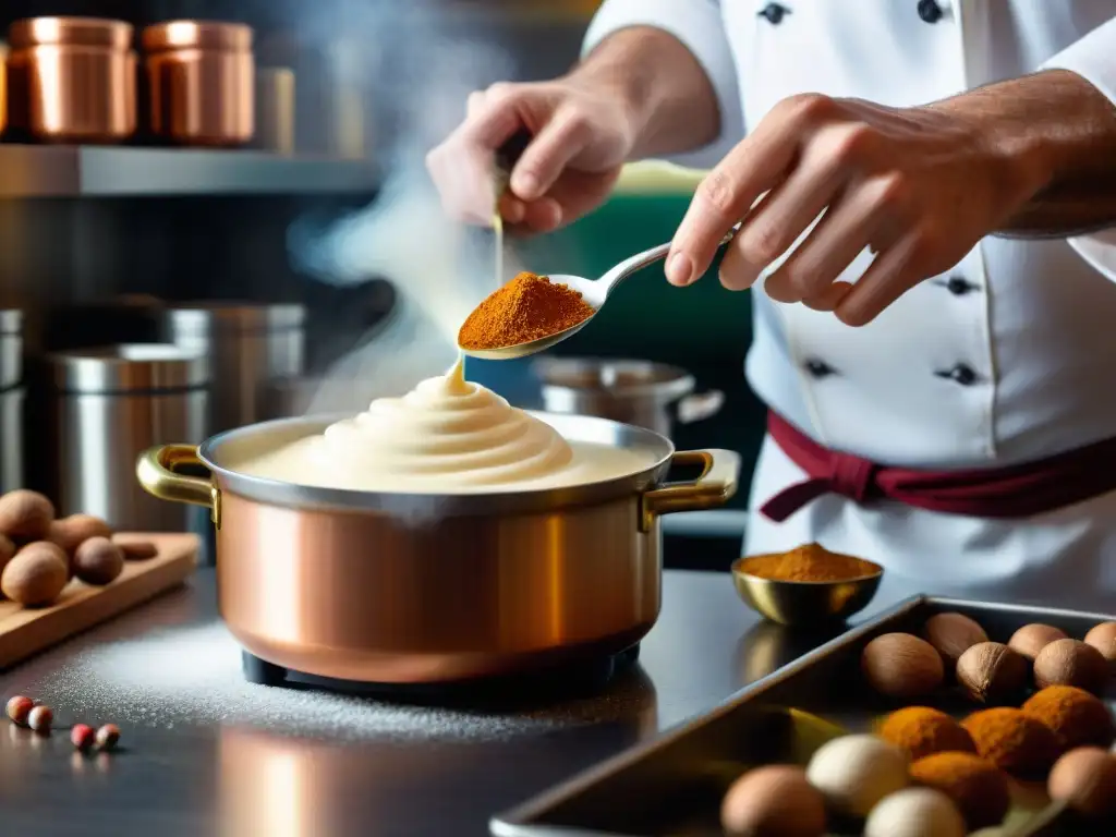 Un chef francés experto rallando nuez moscada fresca sobre salsa bechamel