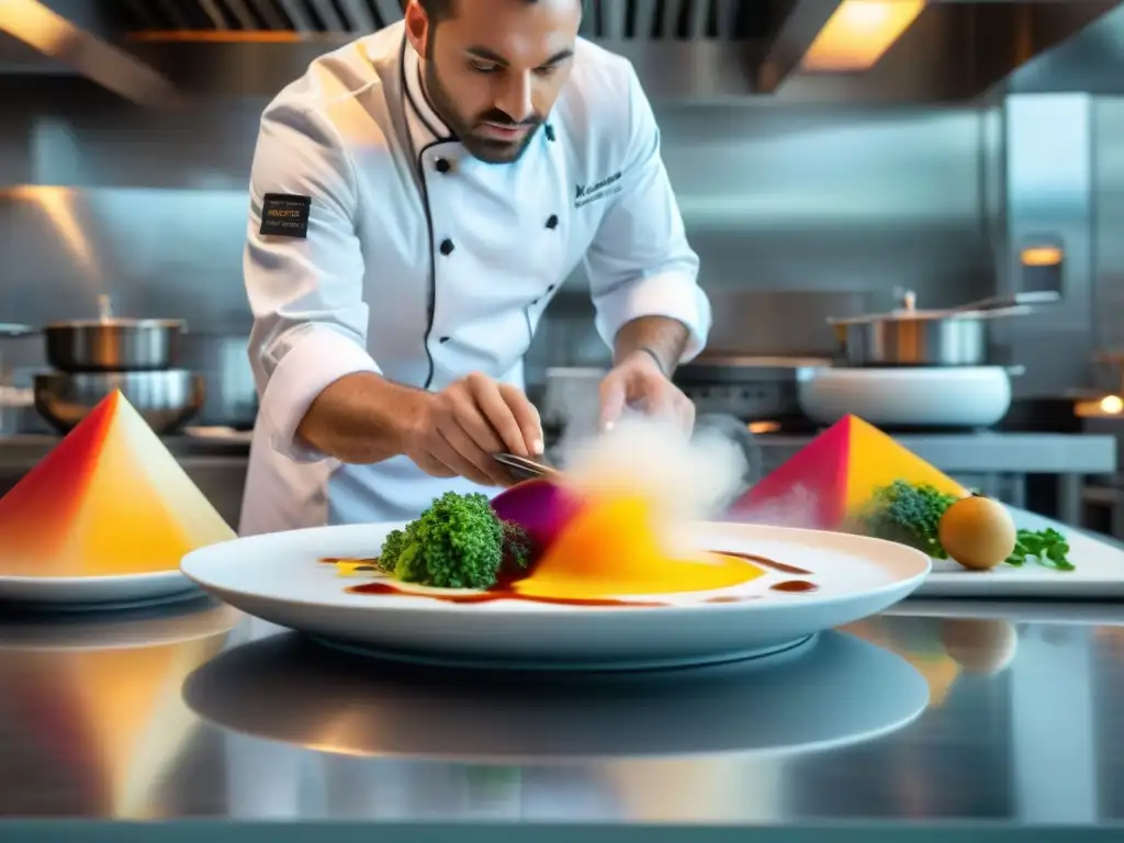 Un chef francés experto crea una obra de arte culinaria con técnicas culinarias francesas innovadoras