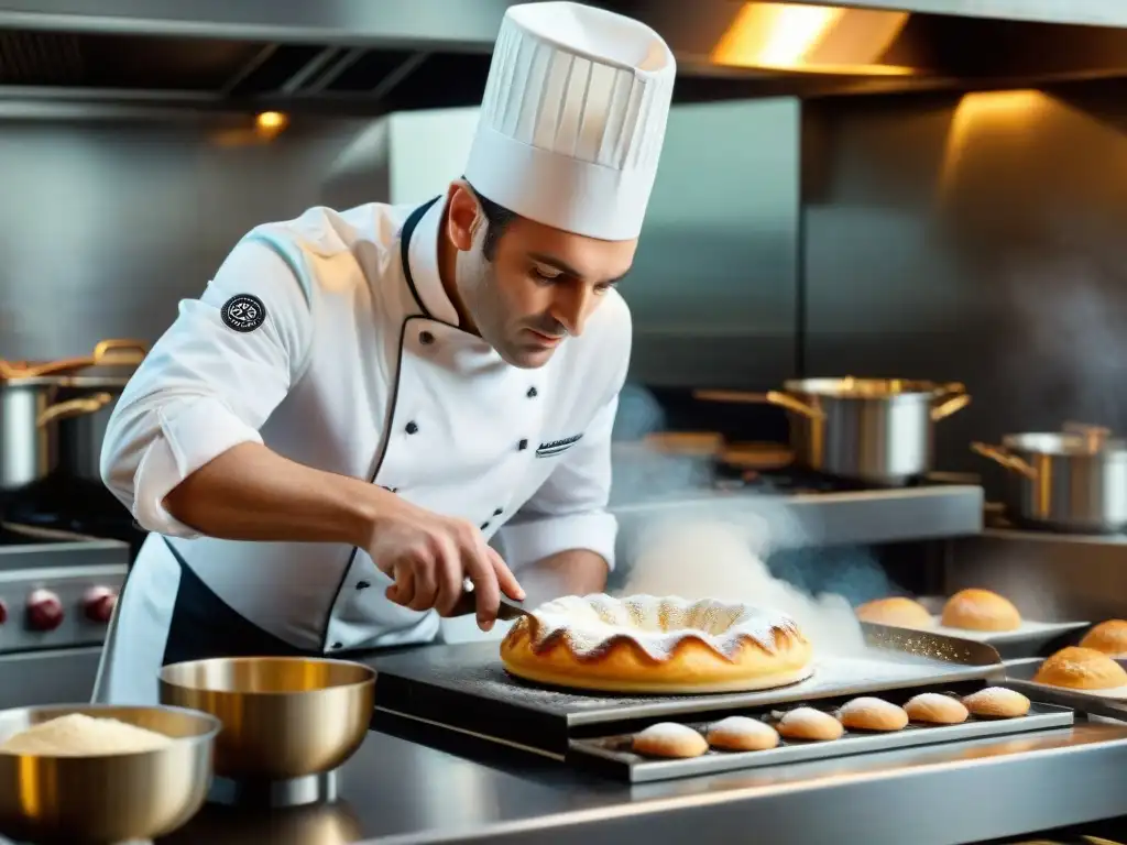 Un chef francés experto crea una pastelería delicada con pasión, en una cocina profesional