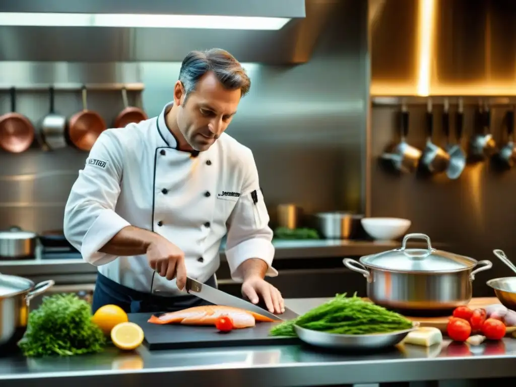 Un chef francés experto filetea un pescado con precisión en una cocina auténtica, destacando la técnica de la cocina francesa sin desperdicios