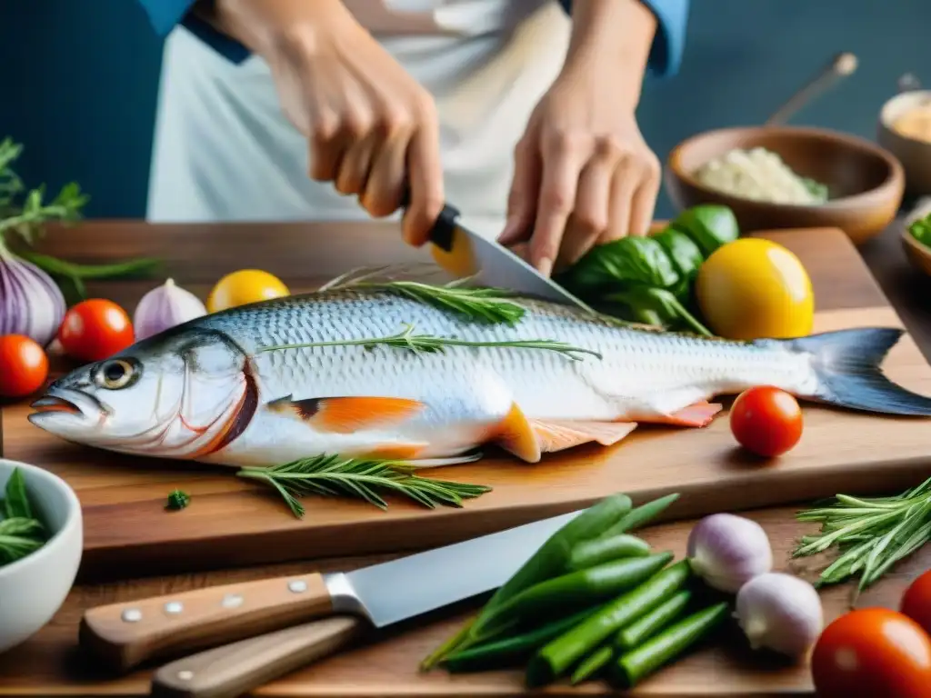 Un chef francés experto en filetear pescado rodeado de hierbas y vegetales en un menú francés zero waste