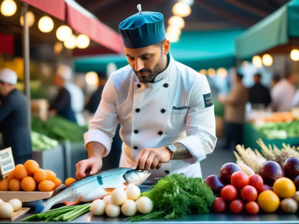 Un chef francés experto filetea pescado fresco en un mercado parisino