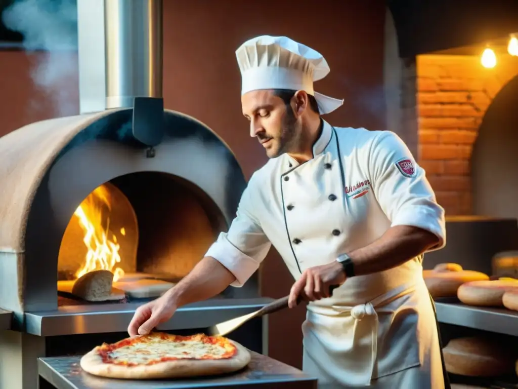 Un chef francés experto en pizza lanza la masa al aire frente a un horno de leña, reflejando la historia de la influencia francesa en la pizza