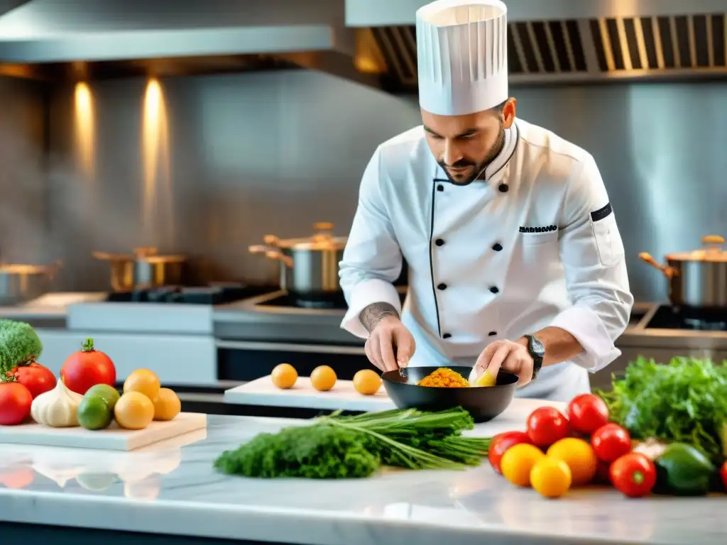 Un chef francés experto prepara un platillo en su cocina profesional, rodeado de ingredientes frescos