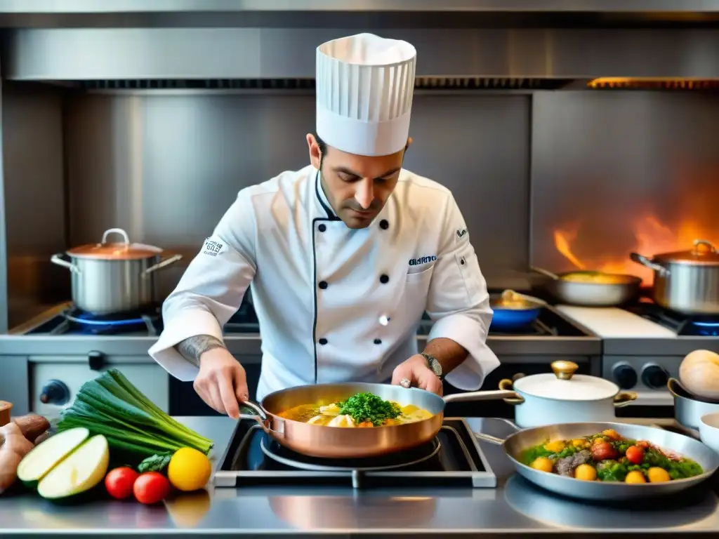 Un chef francés experto elaborando plato en cocina parisina tradicional