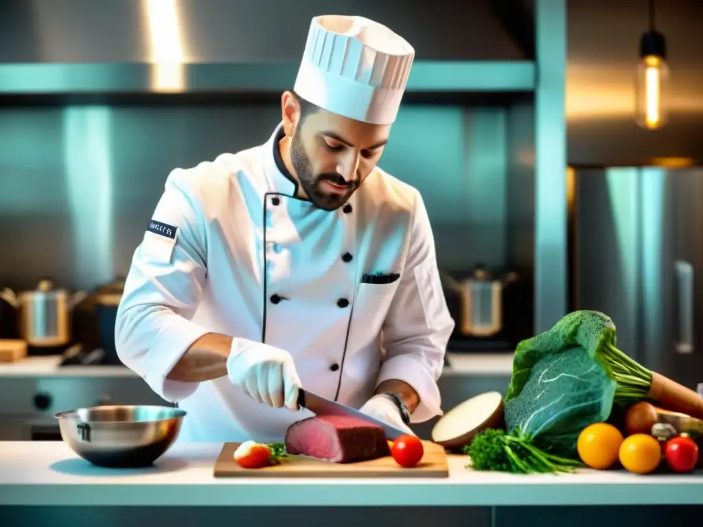 Un chef francés experto preparando un plato clásico con la técnica de cocina al vacío en una elegante cocina