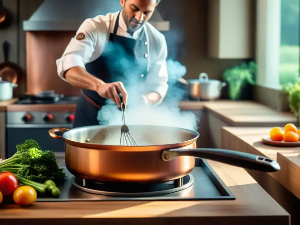 Un chef francés experto preparando un plato con técnicas cocina al vapor francesa en una cocina tradicional