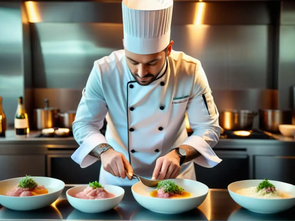 Un chef francés experto preparando un plato gourmet con Champagne Rosé en una cocina sofisticada