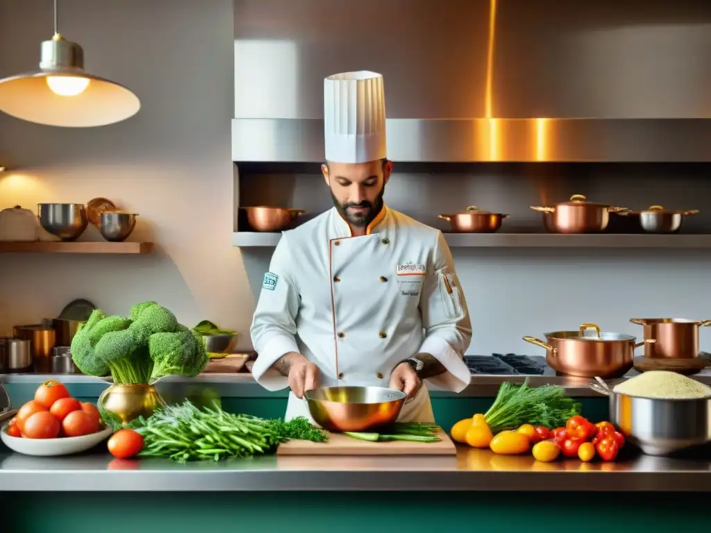 Un chef francés experto prepara un plato vegetariano en una cocina tradicional francesa