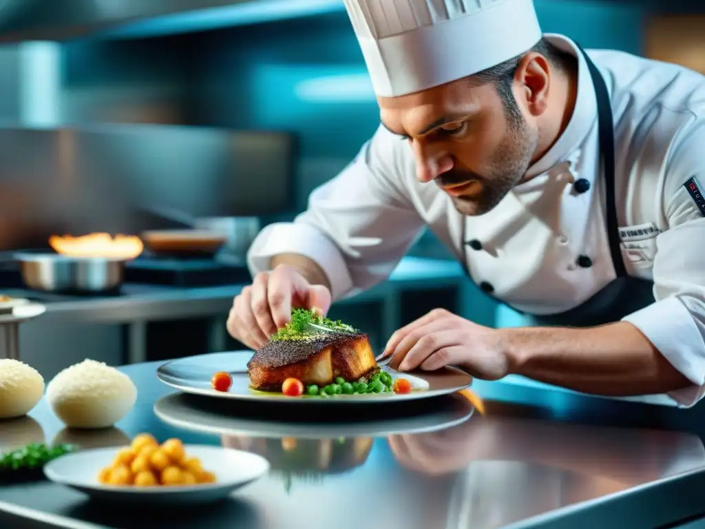 Un chef francés experto montando un plato en concurso culinario