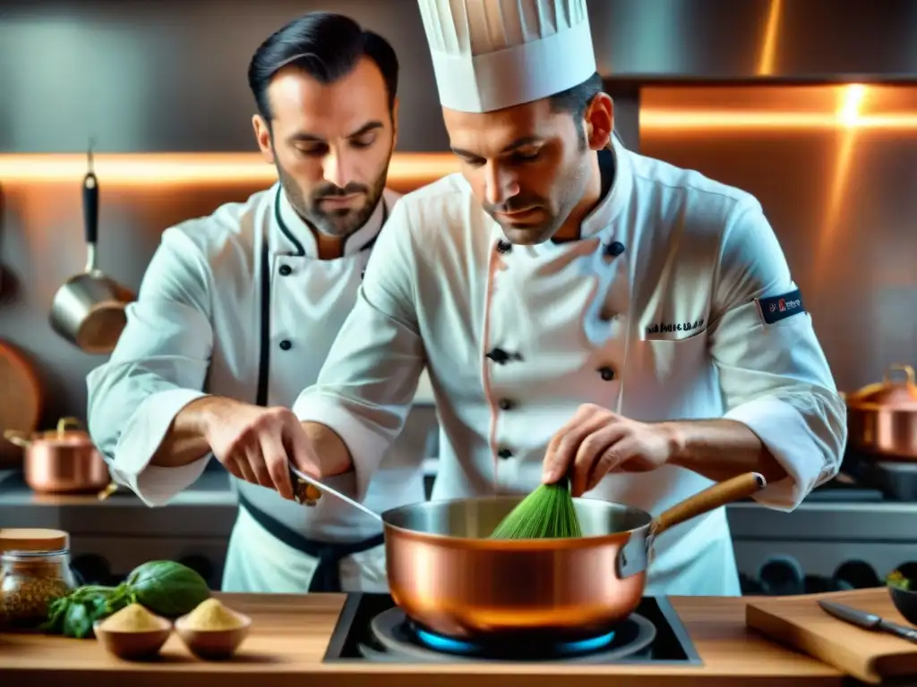 Un chef francés experto creando plato en cocina moderna con utensilios tradicionales