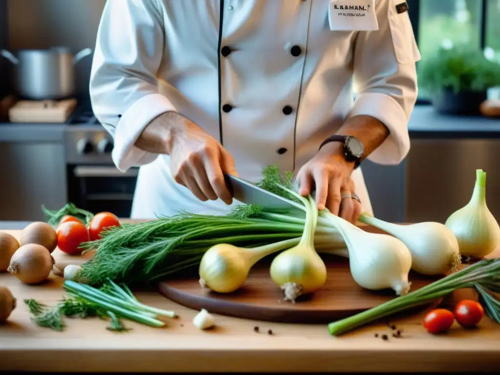 Un chef francés experto preparando un plato mediterráneo con hinojo en una cocina profesional