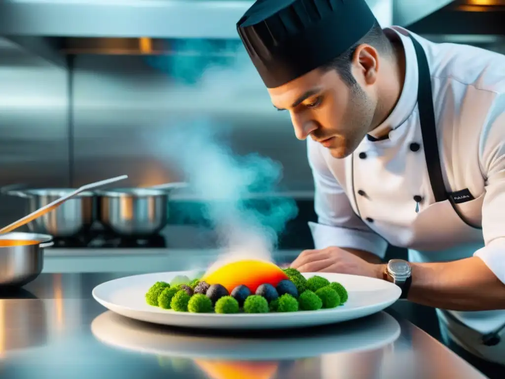 Un chef francés experto creando un plato vanguardista con ingredientes franceses en una cocina moderna