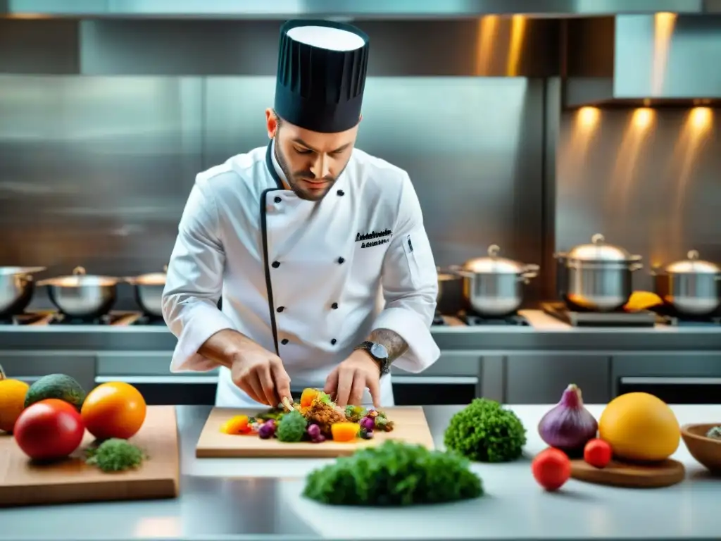 Un chef francés experto elaborando platos franceses innovadores con pasión en una cocina moderna