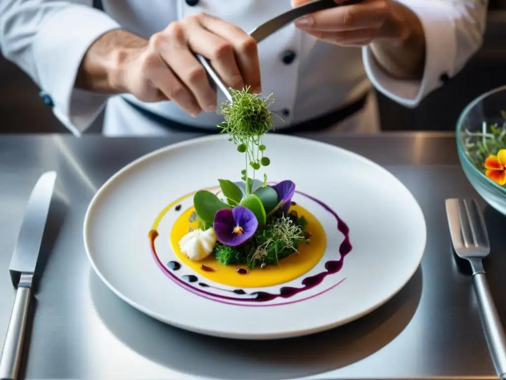 Un chef francés experto en decoración de platos gastronomía francesa, detalladamente arreglando flores comestibles y microgreens en un plato blanco