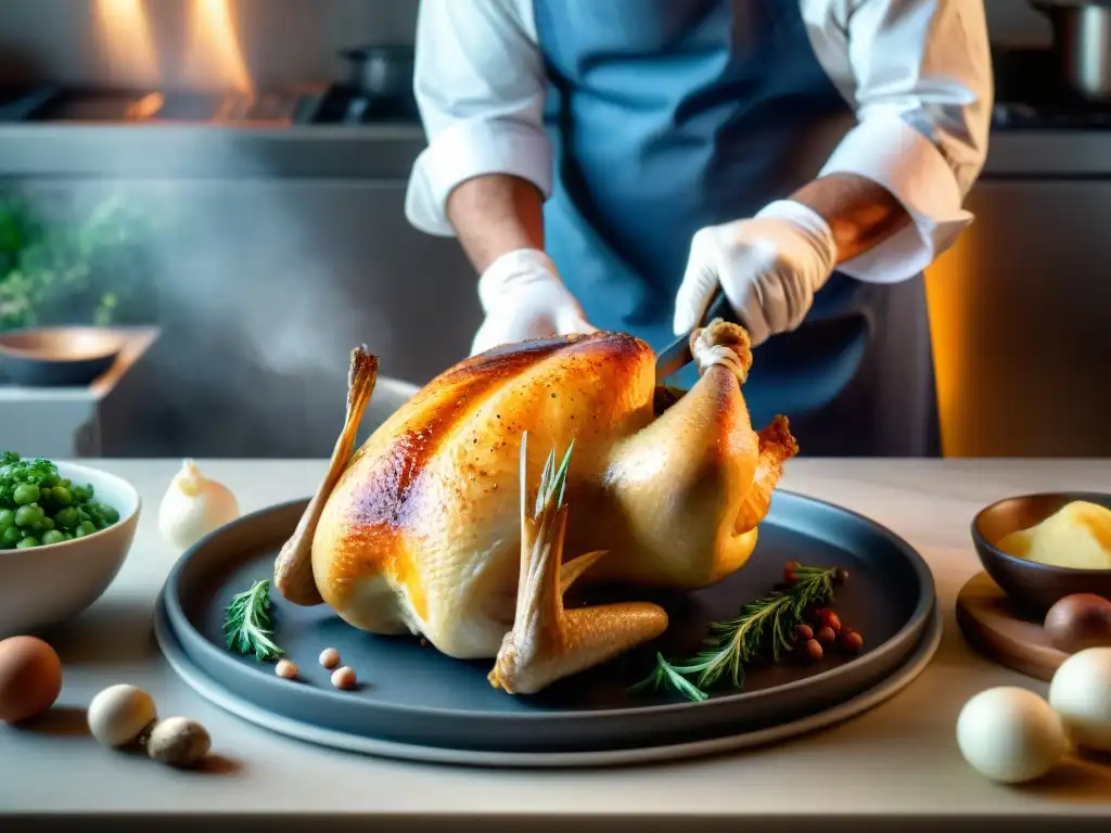 Un chef francés experto deshuesando un pollo con precisión en una cocina profesional