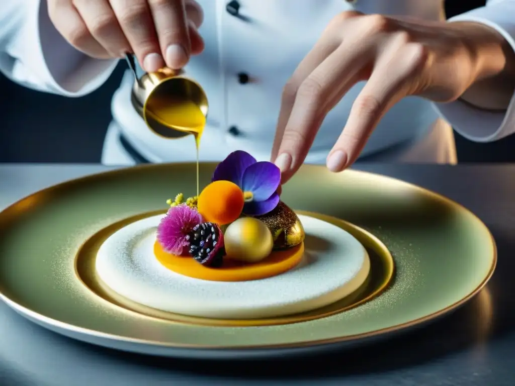 Un chef francés experto ensambla un postre innovador con arte culinario francés