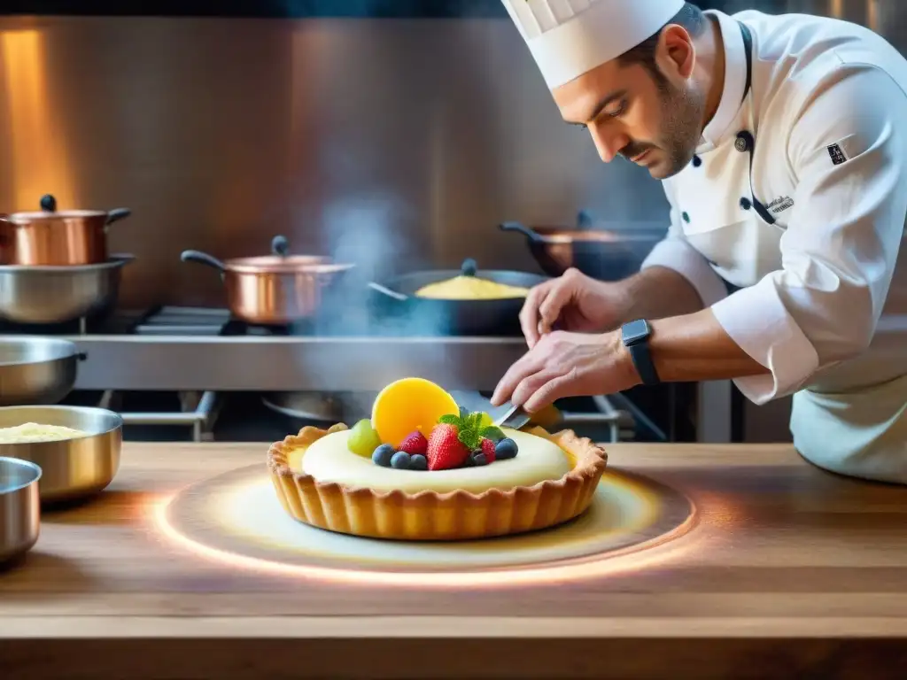 Un chef francés experto elaborando un postre delicado en una cocina parisina, llenando el ambiente de tradición culinaria francesa