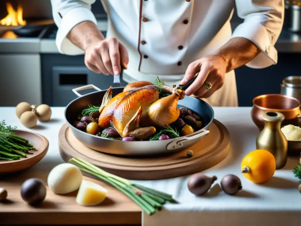 Un chef francés experto deshuesando con precisión un pollo para un coq au vin en una cocina rústica francesa, rodeado de utensilios tradicionales