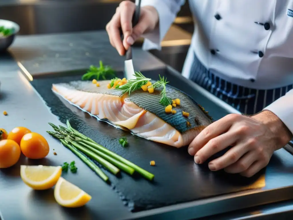 Un chef francés experto filetea con precisión un lenguado en una cocina parisina, reflejando la maestría culinaria