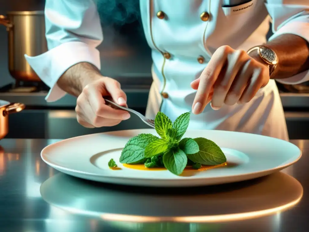 Un chef francés experto decora con precisión un plato gourmet con hojas frescas de menta en una cocina francesa sofisticada