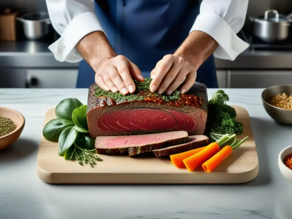 Un chef francés experto preparando con precisión una terrina de vegetales y carne, destacando la elegancia y destreza