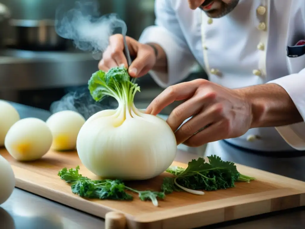 Un chef francés experto tallando con precisión un rábano, mostrando la tradición francesa de tallado de alimentos