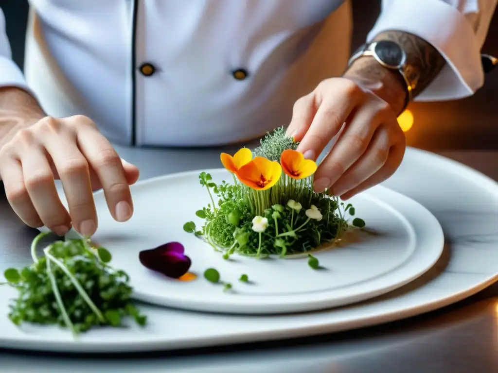 Un chef francés experto crea una presentación en la cocina francesa con flores y microverduras en un plato blanco