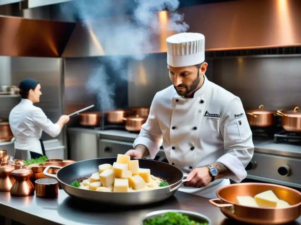 Un chef francés experto incorpora el queso Lavort en un Coq au Vin, llenando la cocina de sabores únicos queso Lavort gastronomía