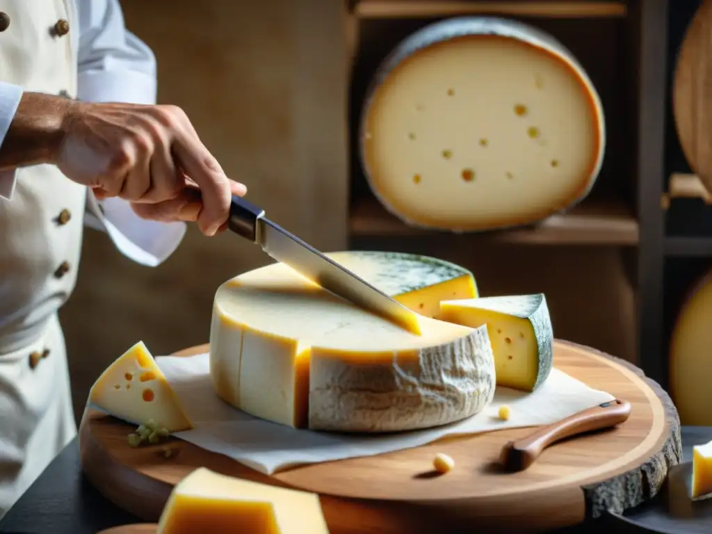 Un chef francés experto cortando queso Cantal, mostrando su textura y sabor robusto