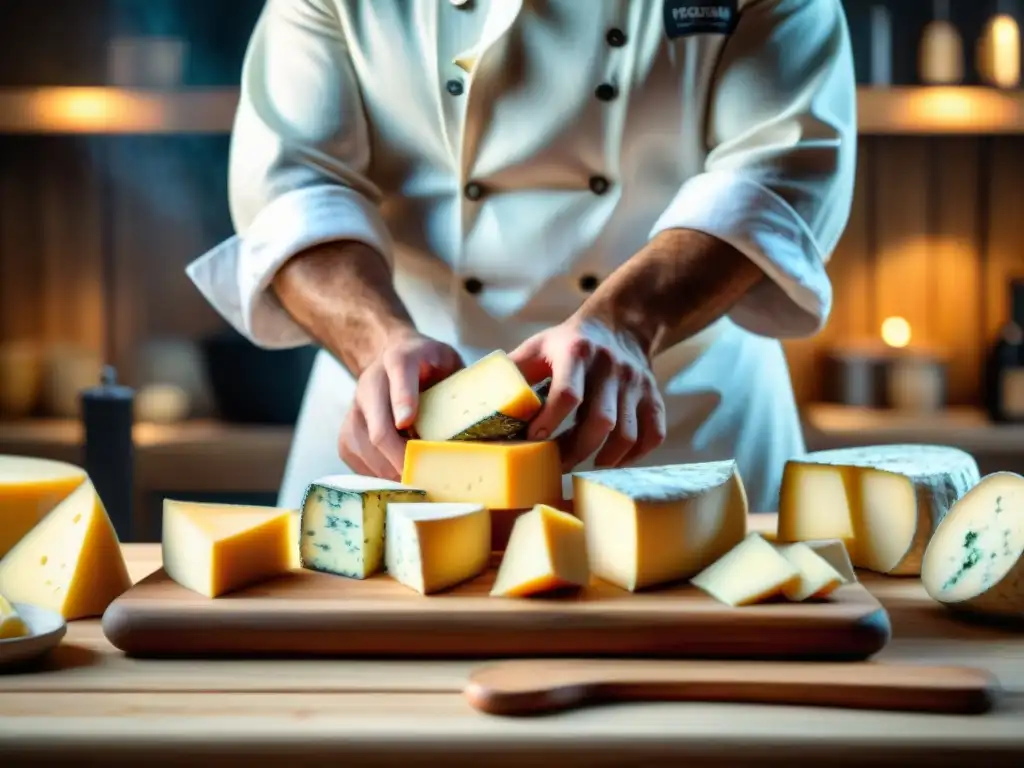 Un chef francés experto cortando quesos artesanales en una tabla de madera, en una cocina francesa tradicional