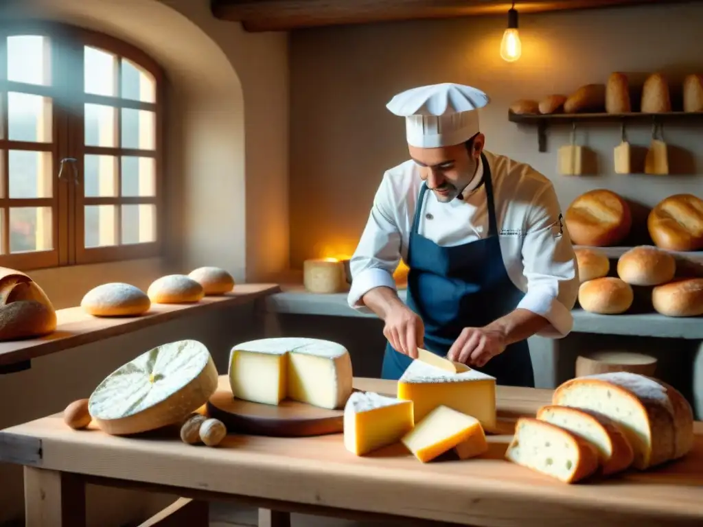 Un chef francés experto crea quesos franceses y panes artesanales en una cocina campestre tradicional