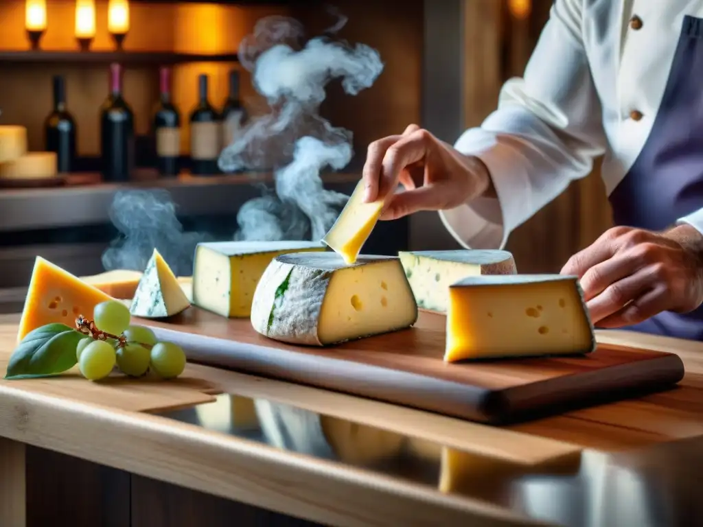 Un chef francés experto selecciona quesos y vinos en una cocina elegante