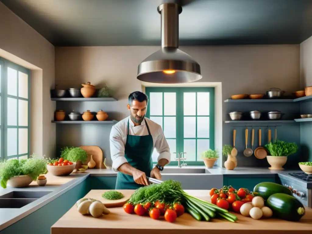 Un chef francés experto preparando ratatouille en una cocina provenzal, reflejando innovaciones culinarias francesas Dieta Mediterránea