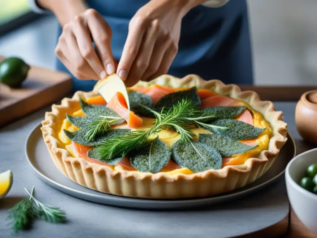 Un chef francés experto preparando una receta tradicional quiche francesa con salmón ahumado y eneldo fresco en una cocina rústica