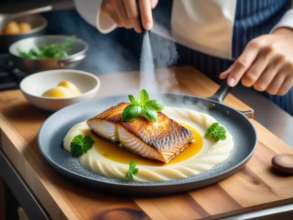 Un chef francés experto preparando una receta tradicional francesa de Sole Meunière con destreza en una cocina tradicional francesa