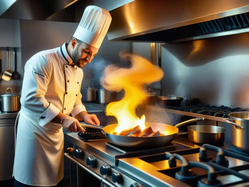 Un chef francés experto integrando champán en recetas francesas, creando una explosión de sabor y fuego en la cocina