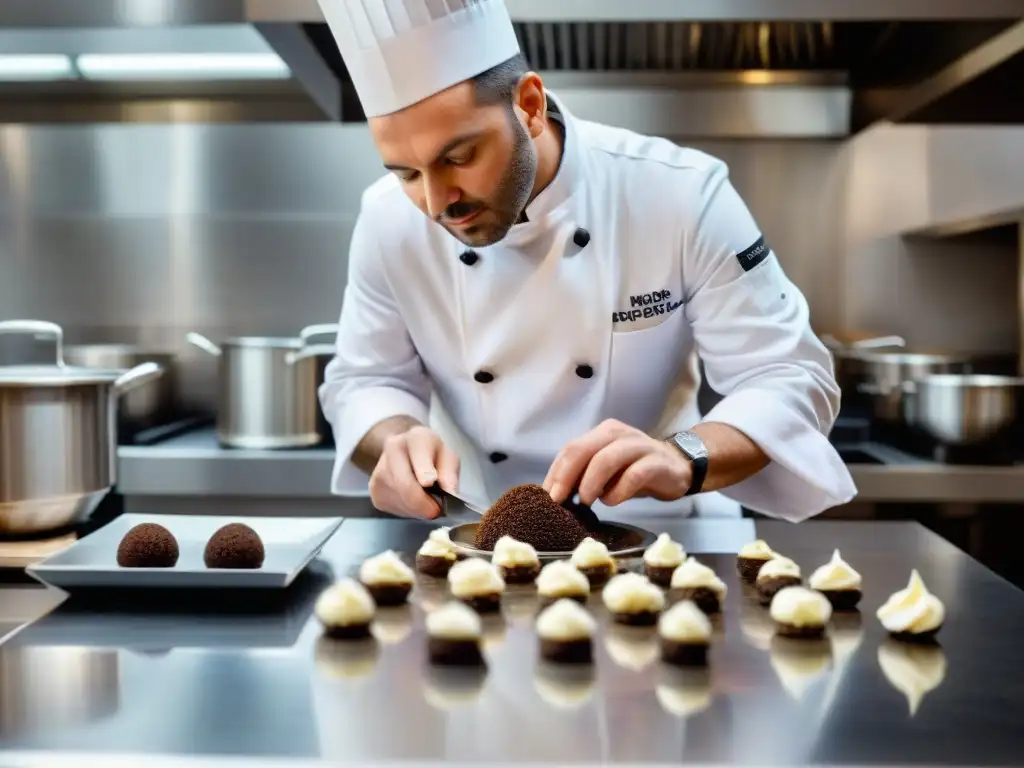 Un chef francés experto en recetas trufas francesas gourmet, concentrado en rebanar trufas sobre un exquisito plato en una cocina profesional