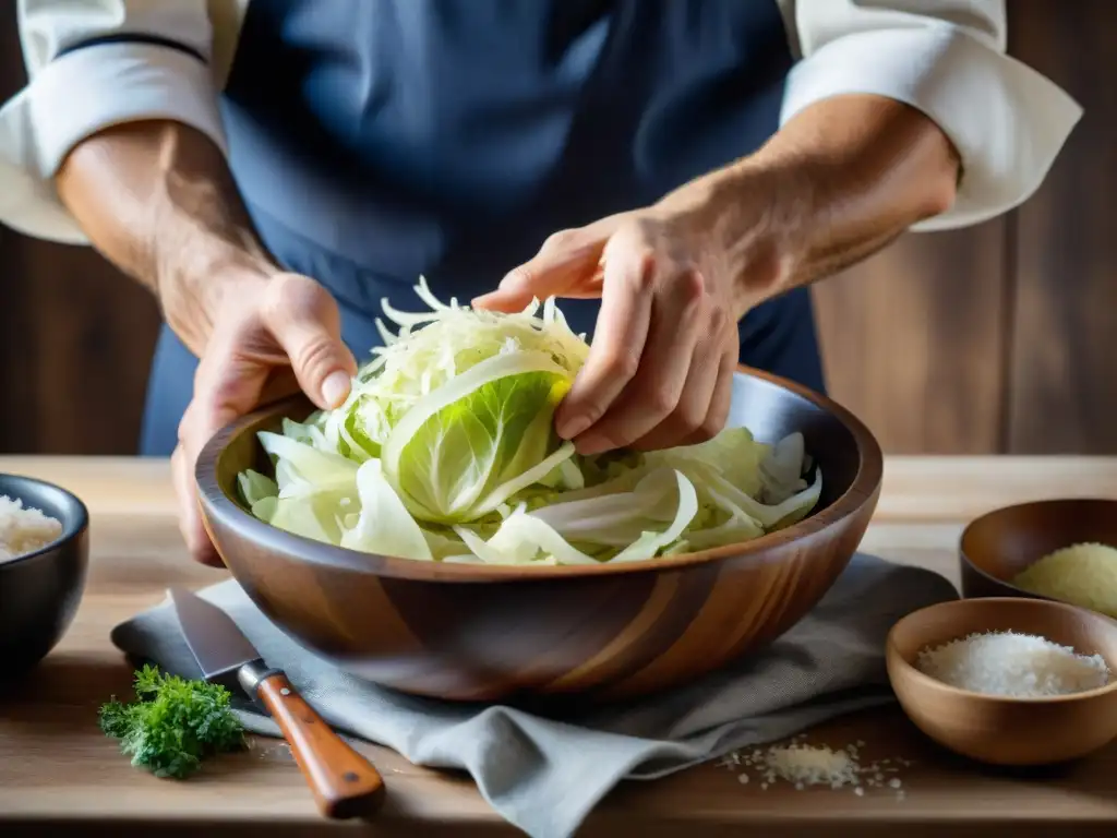 Un chef francés experto masajea repollo rallado con sal en un bol de madera, en la tradicional receta chucrut francés fermentado