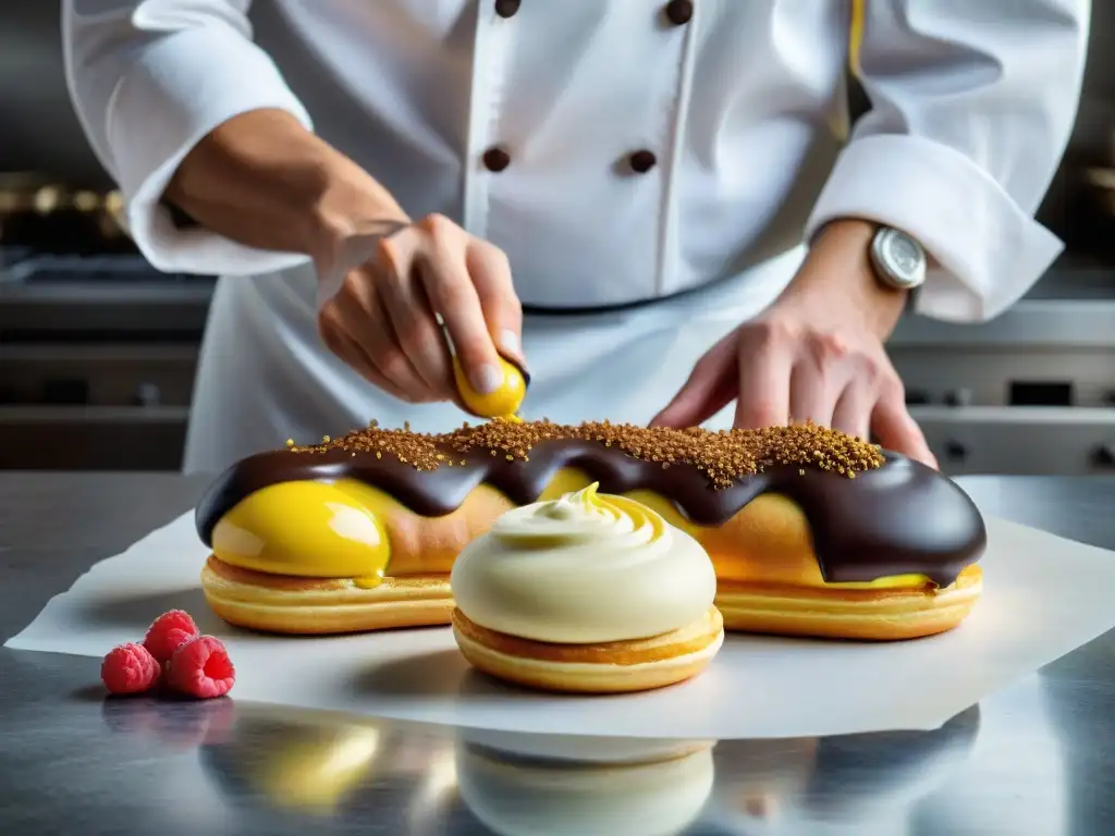 Un chef francés experto en repostería crea éclairs con rellenos de chocolate, limón y frambuesa en una cocina parisina