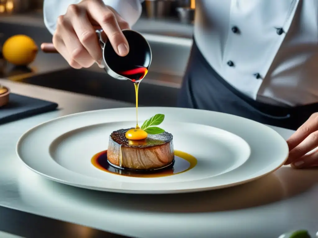 Un chef francés experto en gastronomía en un restaurante con estrella Michelin, añadiendo vinagre balsámico a un exquisito plato de foie gras