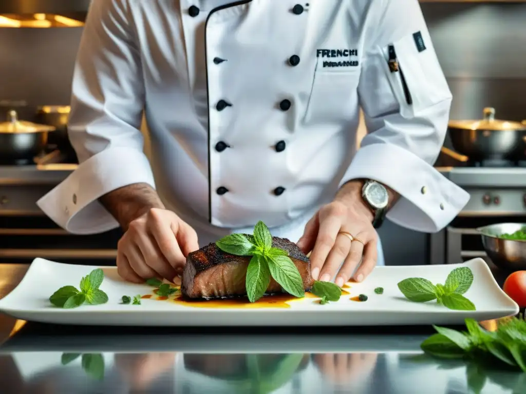 Un chef francés experto en un restaurante, decorando un plato francés con menta fresca