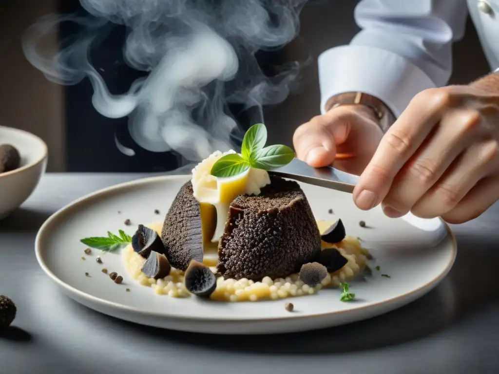 Un chef francés experto prepara risotto trufado, mostrando la delicadeza de las recetas trufas francesas gourmet