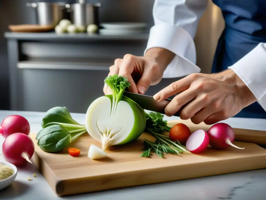 Un chef francés experto tallando una rosa en un rábano, mostrando la tradición francesa del tallado de alimentos