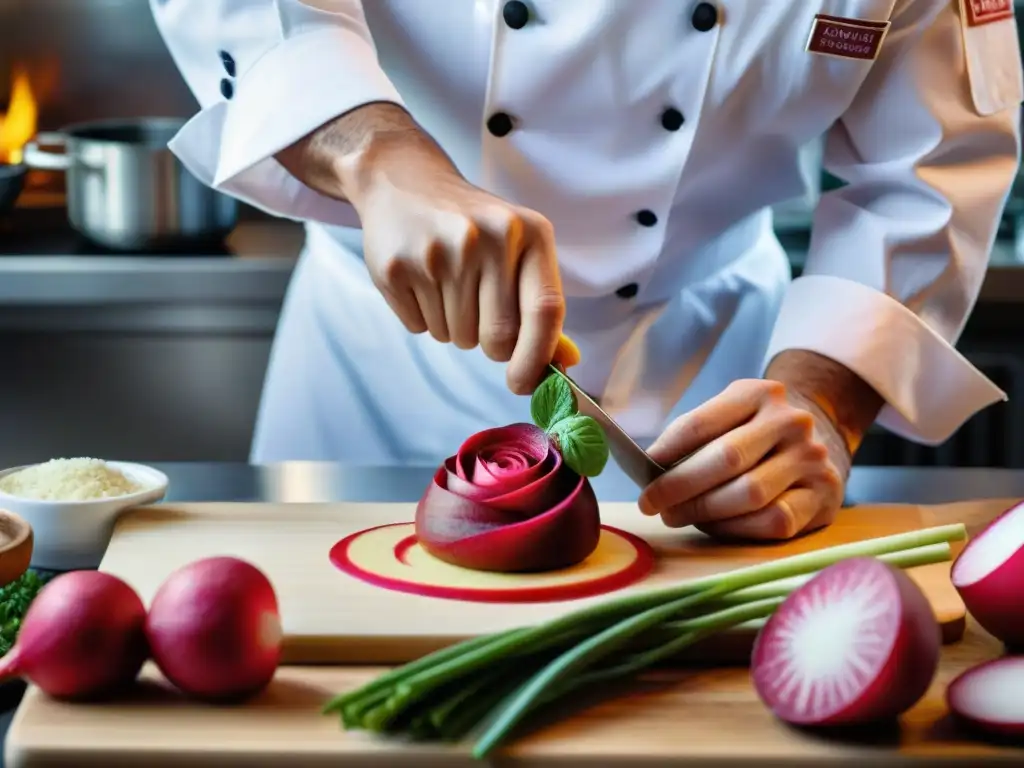 Un chef francés experto tallando una rosa en un rábano rojo