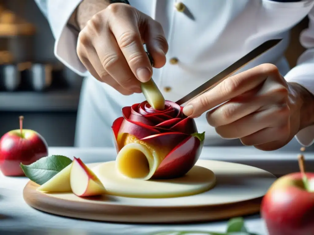 Un chef francés experto tallando una rosa en una manzana roja, destacando la precisión y arte del tallado en la gastronomía francesa