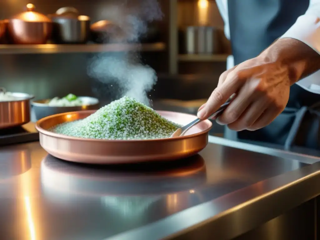 Un chef francés experto espolvoreando sales aromatizadas sobre un exquisito plato en una cocina clásica